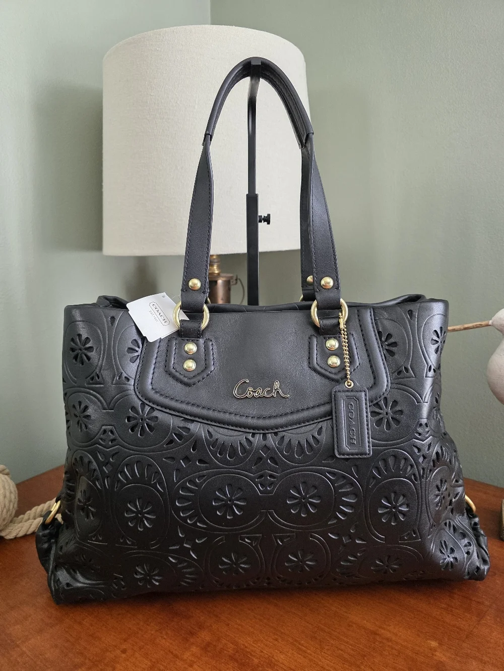 Coach F21833 Ashley Lace Carryall Black Cutout Leather Tote Bag NWT